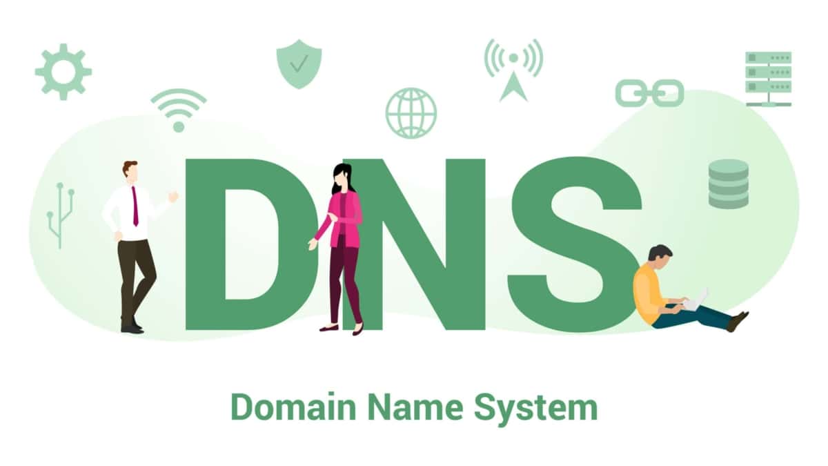 dns domain name system concept with big word or text and team people with modern flat style - vector illustration