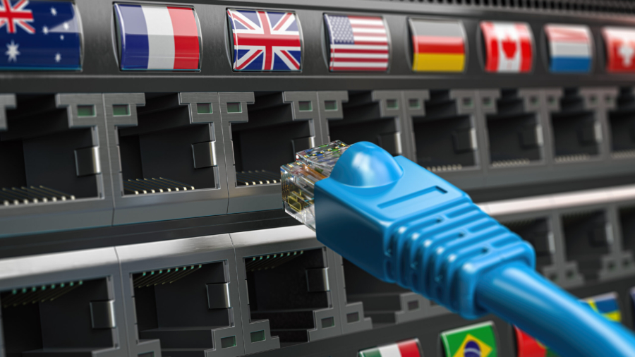 VPN virtual private network conncetion concept. Lan cable and a router with different flags. 3d illustration