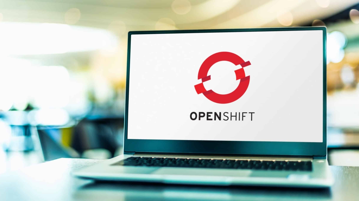 POZNAN, POL - APR 15, 2021: Laptop computer displaying logo of OpenShift, a family of containerization software products developed by Red Hat